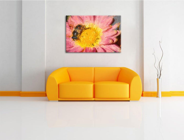 winzige Biene auf Margarete schwarz/weiss Deluxe Format: 100x70 cm auf Leinwand, XXL riesige Bilder
