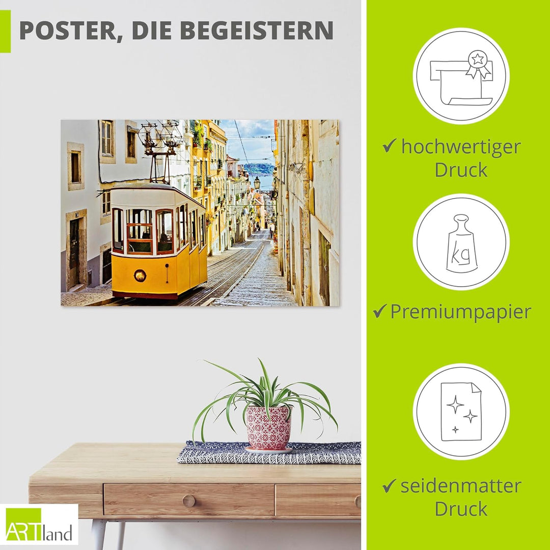 ARTland Poster Kunstdruck Wandposter Bild ohne Rahmen 90x60 cm Querformat Stadt Lissabon Strassenbah