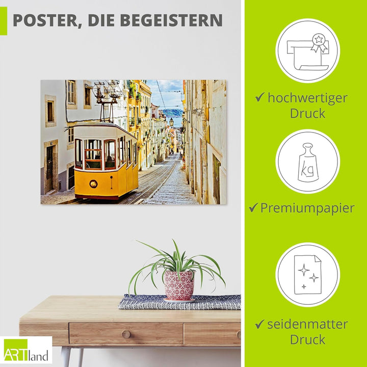 ARTland Poster Kunstdruck Wandposter Bild ohne Rahmen 90x60 cm Querformat Stadt Lissabon Strassenbah