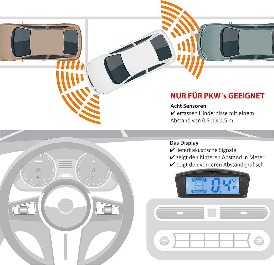 VSG24 Premium Kombi Einparkhilfe mit Display zum nachrüsten am Auto, PDC Parksensoren Vorne Hinten m