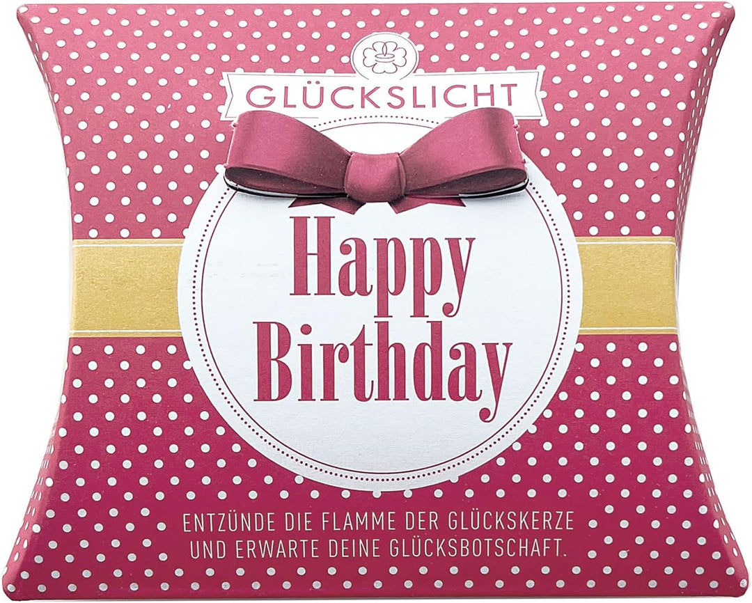Glückslicht/Dots/Happy Birthday/Fröhlich rote Geschenkbox mit weissen Punkten und oranger Banderole