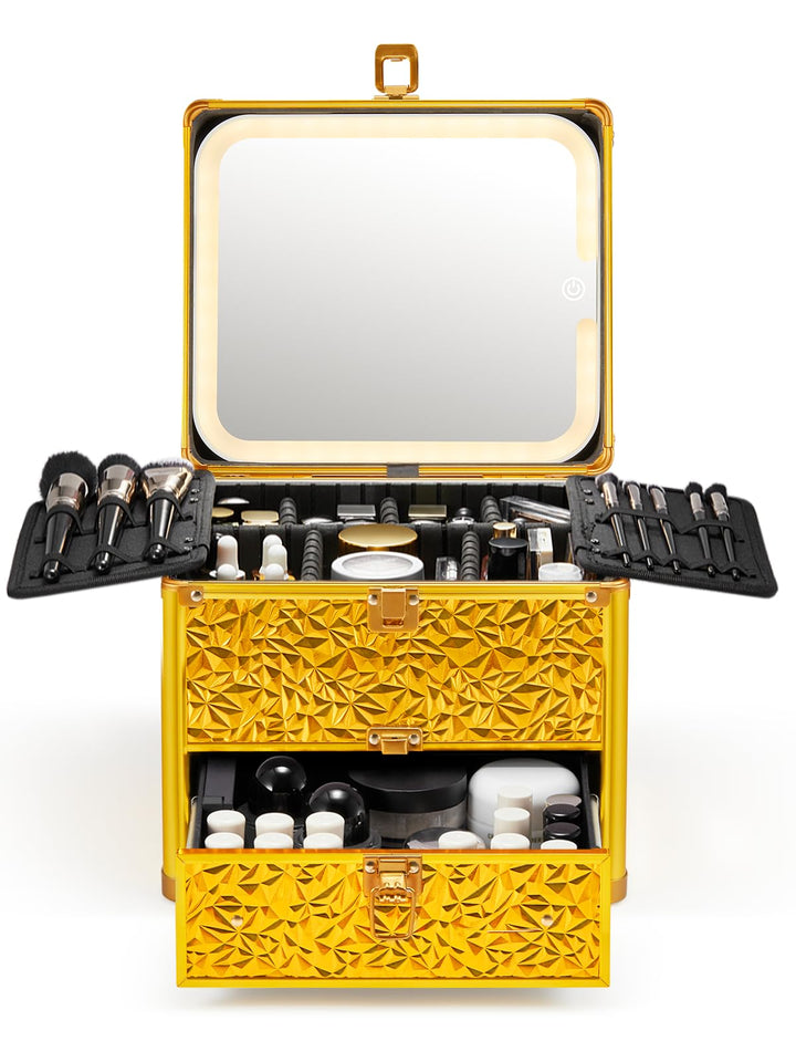 Qislee Make-up-Box mit Schublade und abnehmbarem beleuchtetem Spiegel, wasserdichter Reisekoffer, Ko