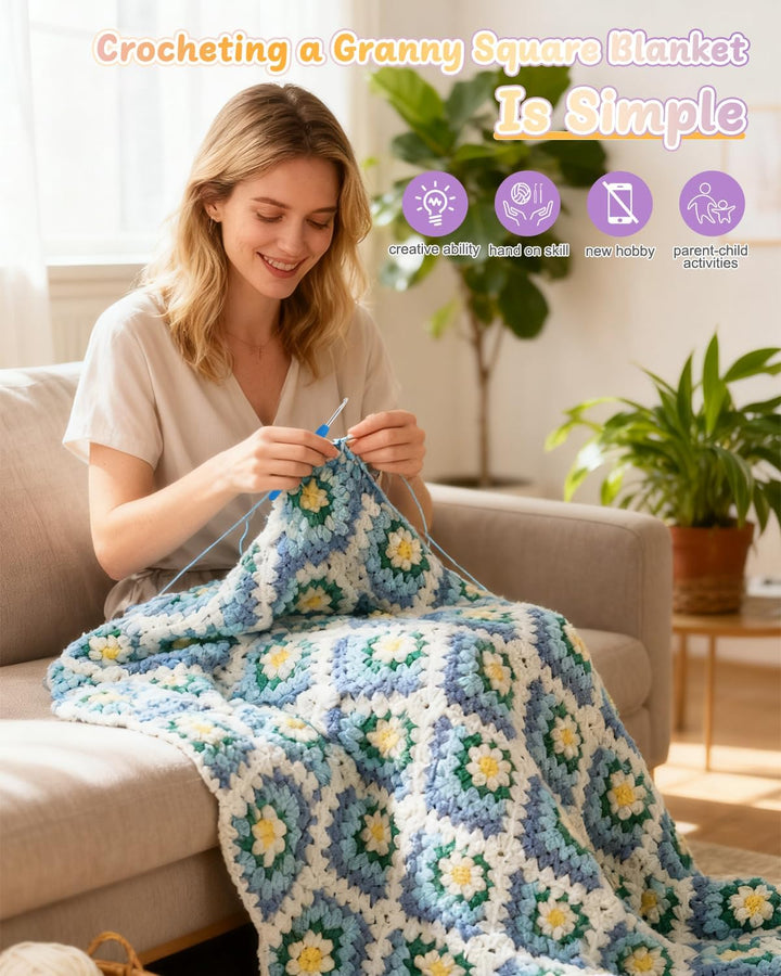 Coopay Granny Square Häkelset für Anfänger, Häkel Set für Gänseblümchen Decke 3D, Komplett Häkelset
