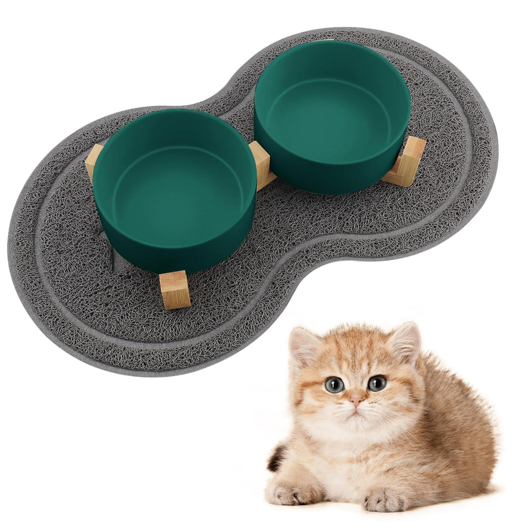 Katzennapf, 2 Stück Keramik Futternapf Katze Set, 3-in-1 rutschfeste Katzennäpfe mit Holzstände und