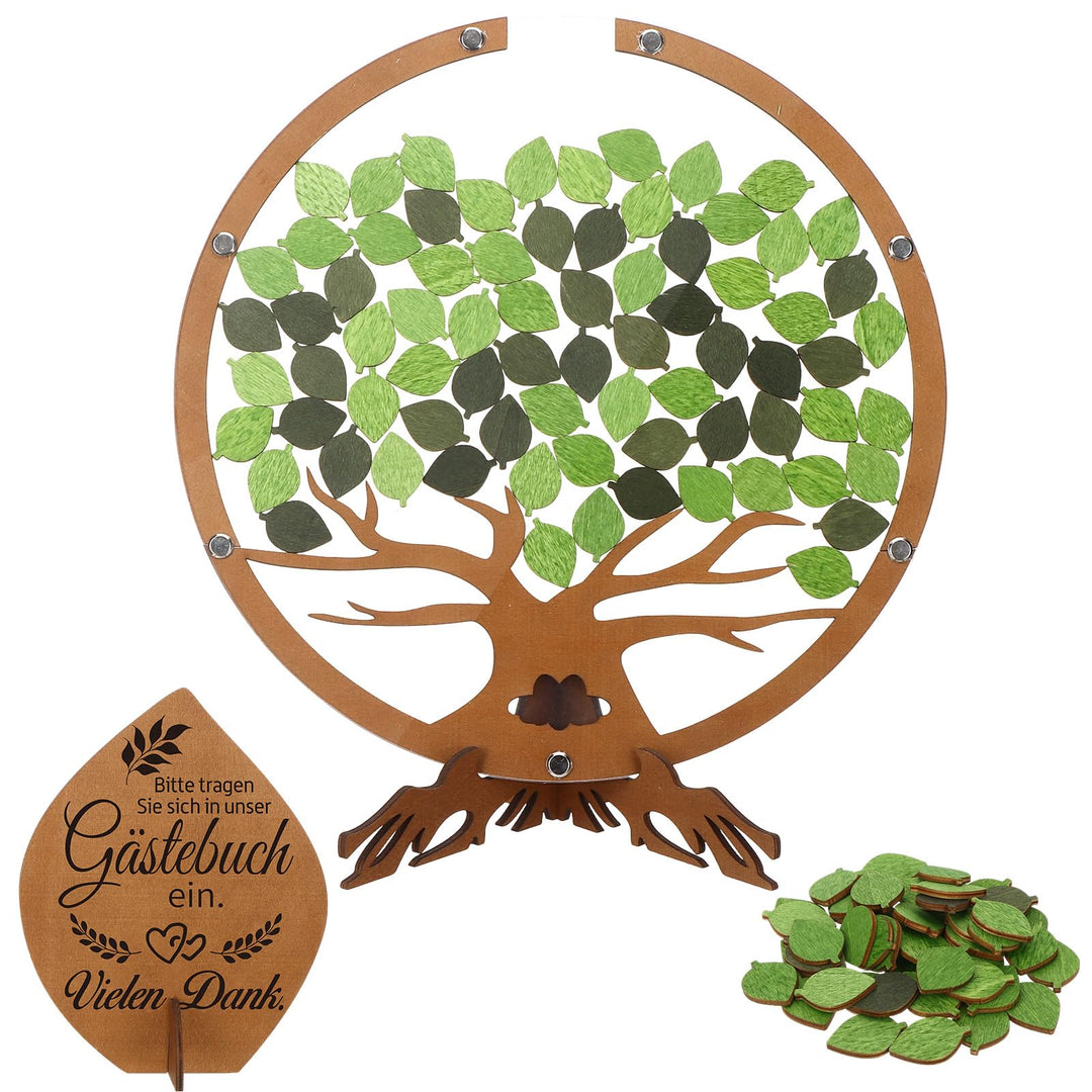 Gästebuch Hochzeit Holz Gästebuch in Baumform mit 60 grünen Blättern zum Unterschreiben für Hochzeit