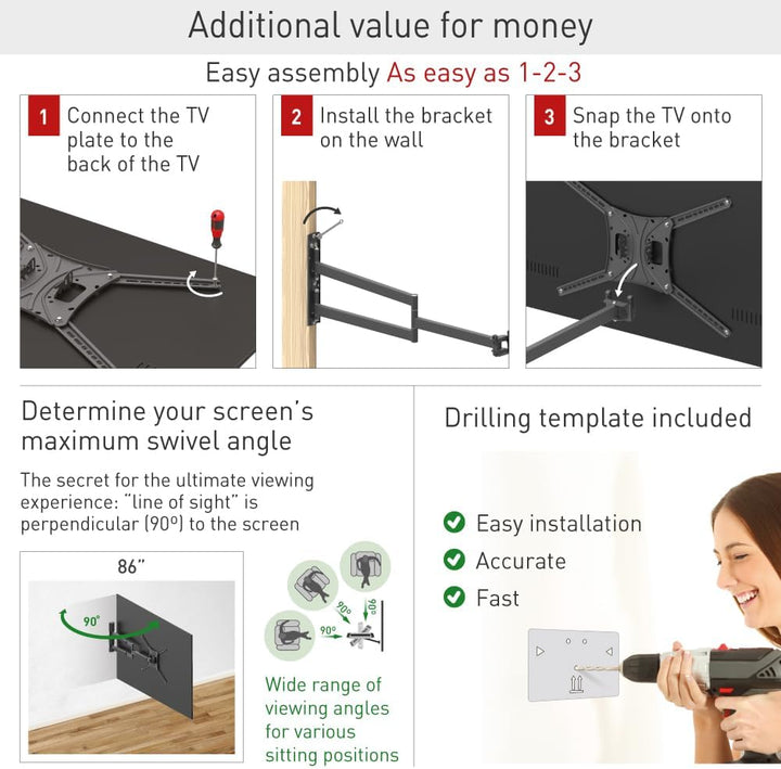 Barkan 102cm Lange TV Wandhalterung, 13-83 Zoll Schwenkbar/Neigbar/Vollbewegung TV Halterung, hält b