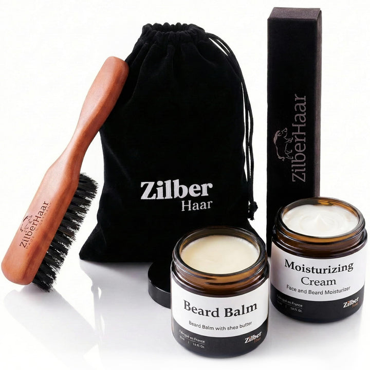 ZilberHaar - Bartpflege-Set für Männer - 1 Bartbürste Regular + 1 Bartbalsam + 1 Feuchtigkeitscreme