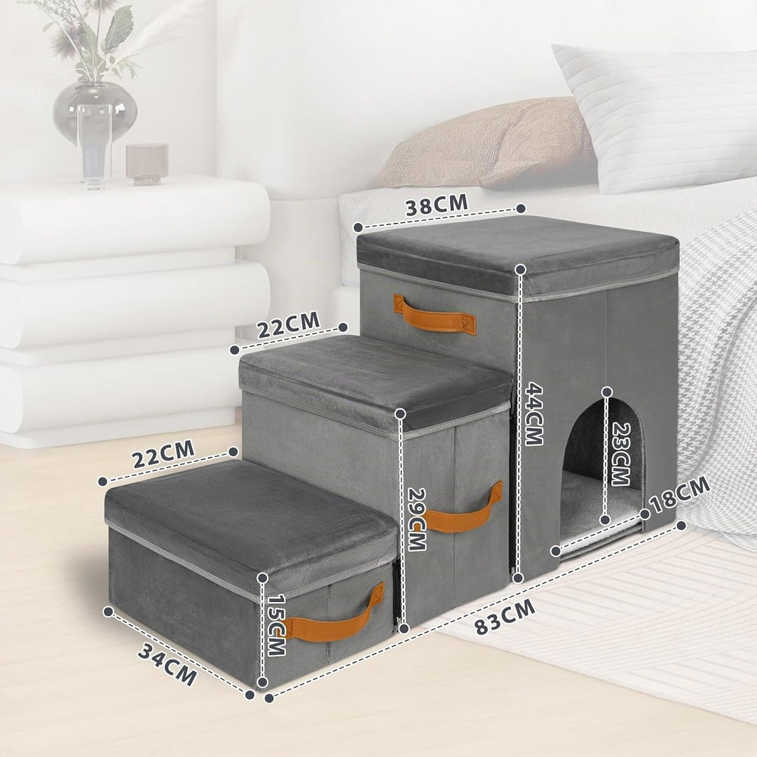 Haustiertreppe 3 Stufen mit Zwingerdesign Hundetreppe Zusammenklappbar mit Stauraum,Kombinierte Verw