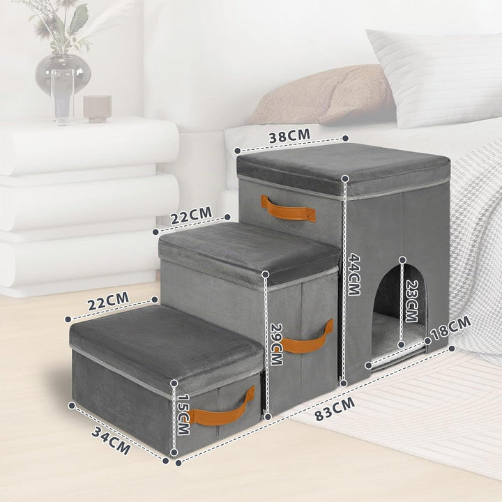 Haustiertreppe 3 Stufen mit Zwingerdesign Hundetreppe Zusammenklappbar mit Stauraum,Kombinierte Verw
