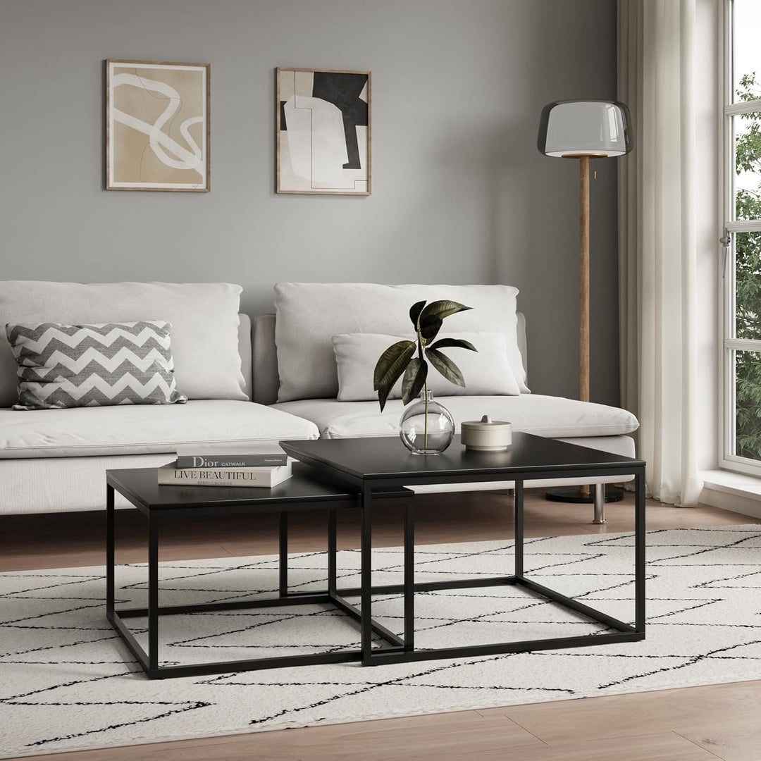 Couchtisch 2er Set quadratisch schwarz aus Holz, Wohnzimmertisch Modern, Beistelltisch Set 2 in 1 mi