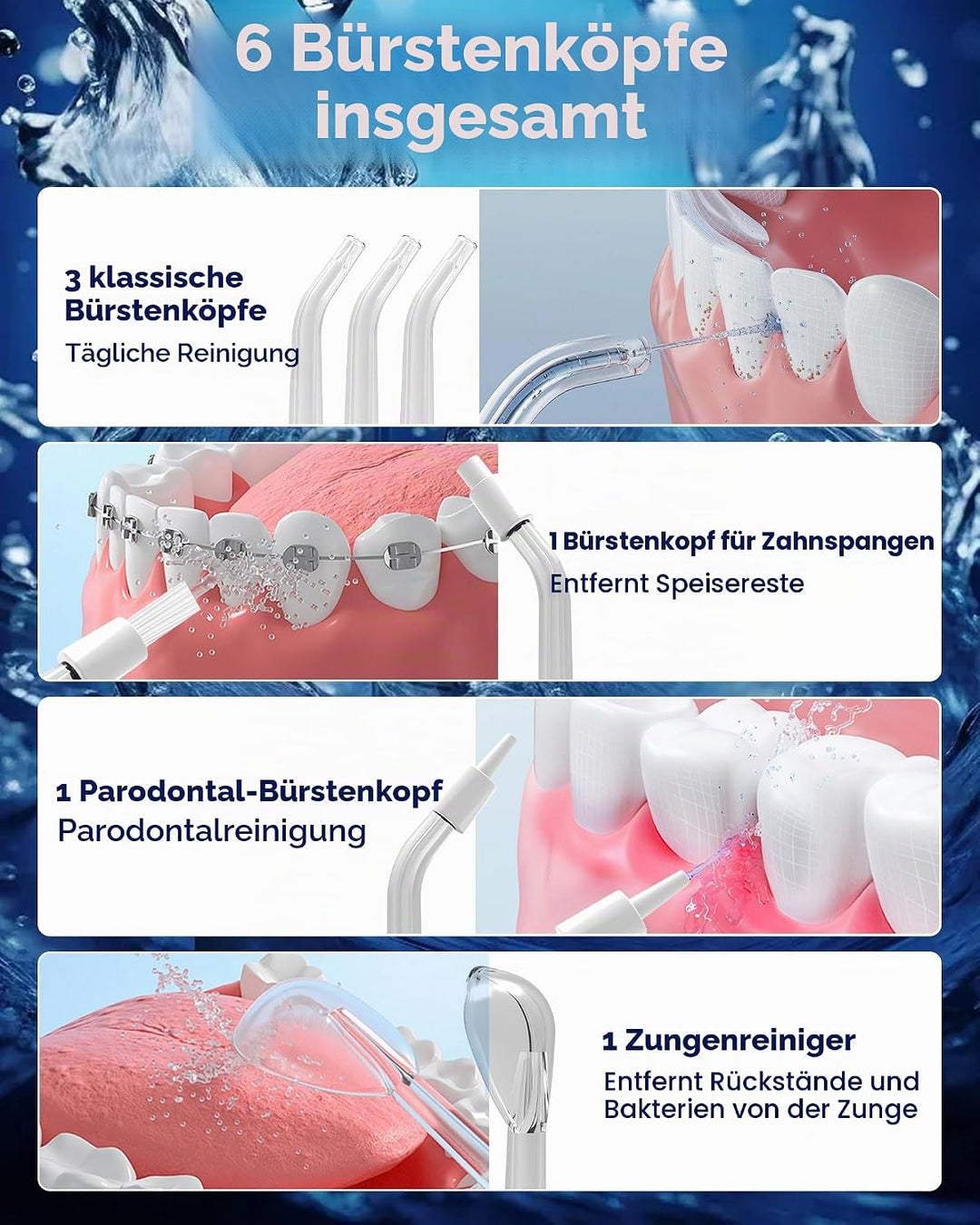 Munddusche Kabellos Water Flosser Zahnreinigung, 5 Modi, USB-C Ladefunktion, 6 Jet-Tipps, 300ML Wass