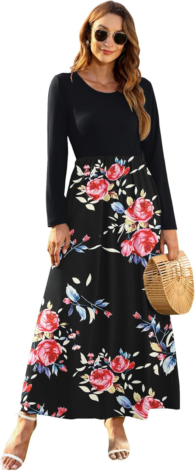 AUSELILY Damen Langarm Maxikleider Lässige Langkleider mit Taschen Winter, Rose Schwarz