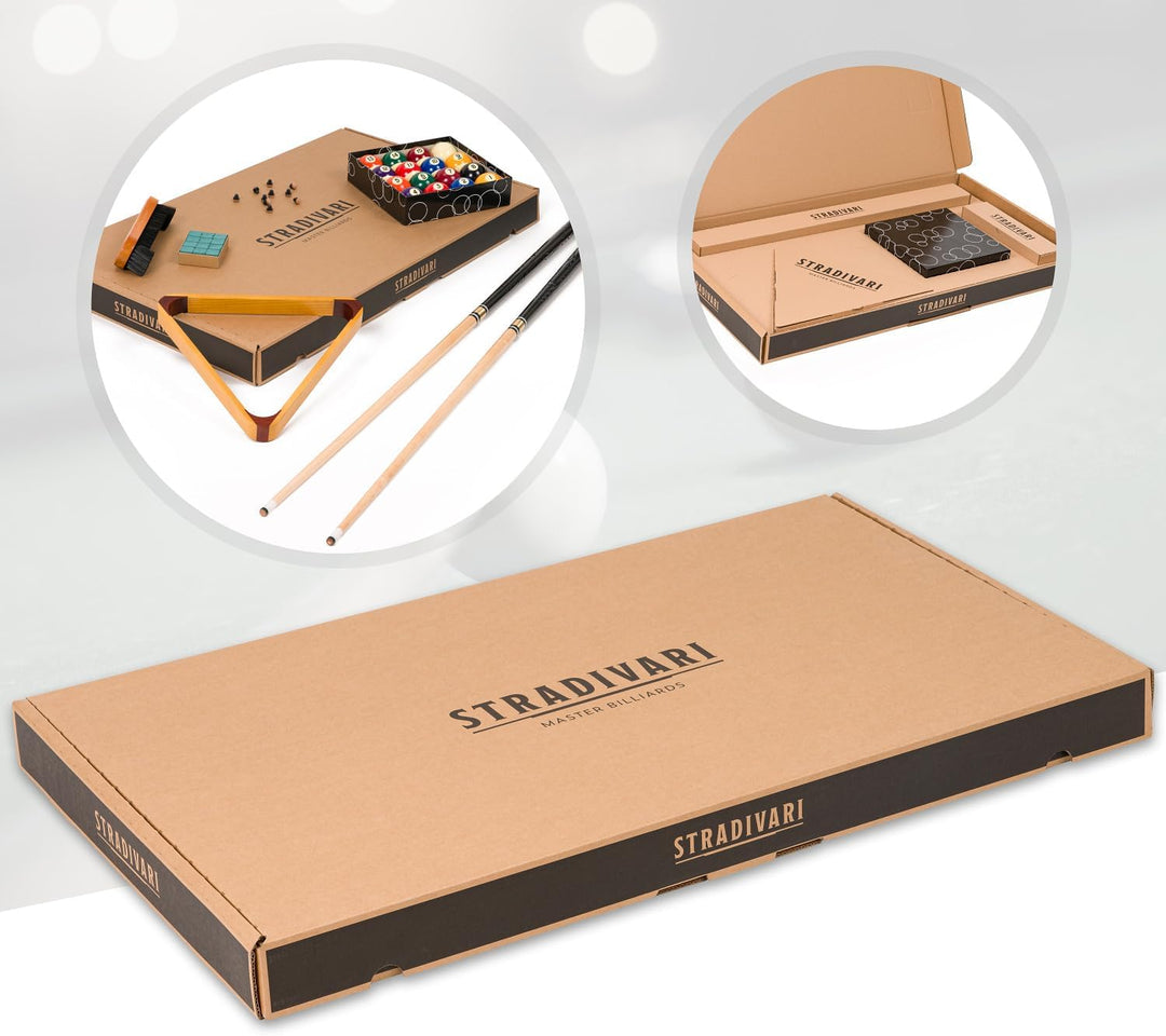 Stradivari Billard Equipment Set | Queue Set mit Kugeln, Dreieck, Kreide, Bürste und 10 Ersatzleder
