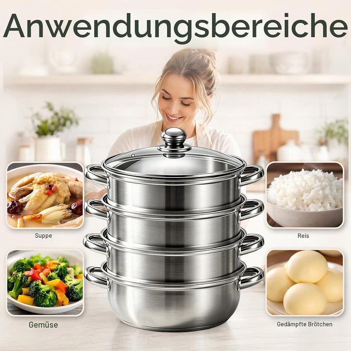 Dampfgarer zum Kochen, Edelstahl-Dampfgarer mit Dämpfeinsatz | 4-stöckiges 28cm Kochgeschirr mit Dec