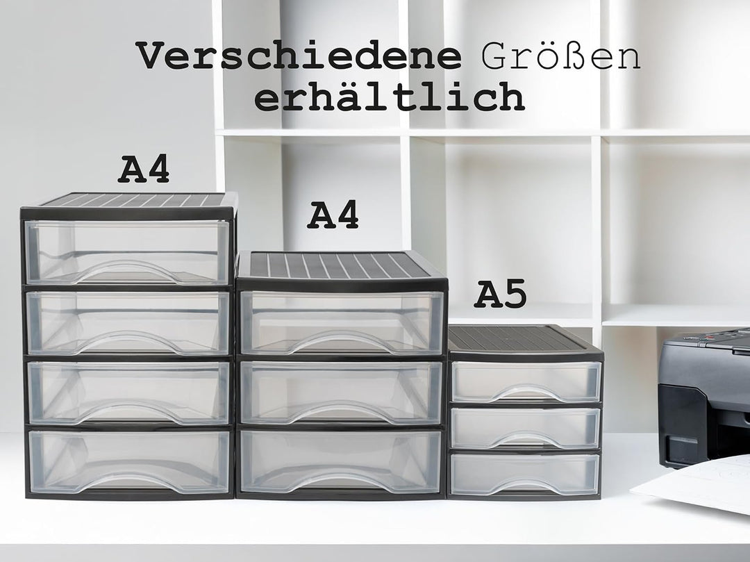 Hausfelder Schubladenbox A4 mit 3 Schubladen inkl. Aufkleber, Schubladenturm Box aus Kunststoff für