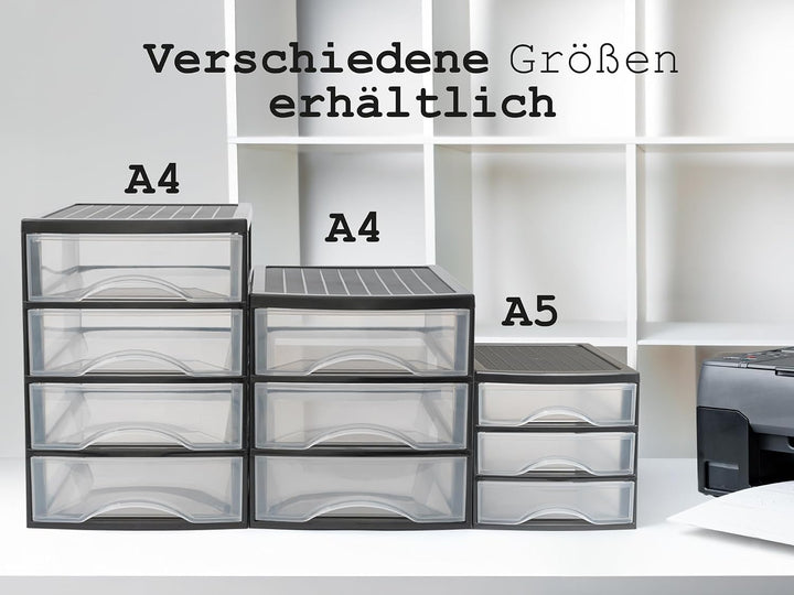 Hausfelder Schubladenbox A4 mit 3 Schubladen inkl. Aufkleber, Schubladenturm Box aus Kunststoff für