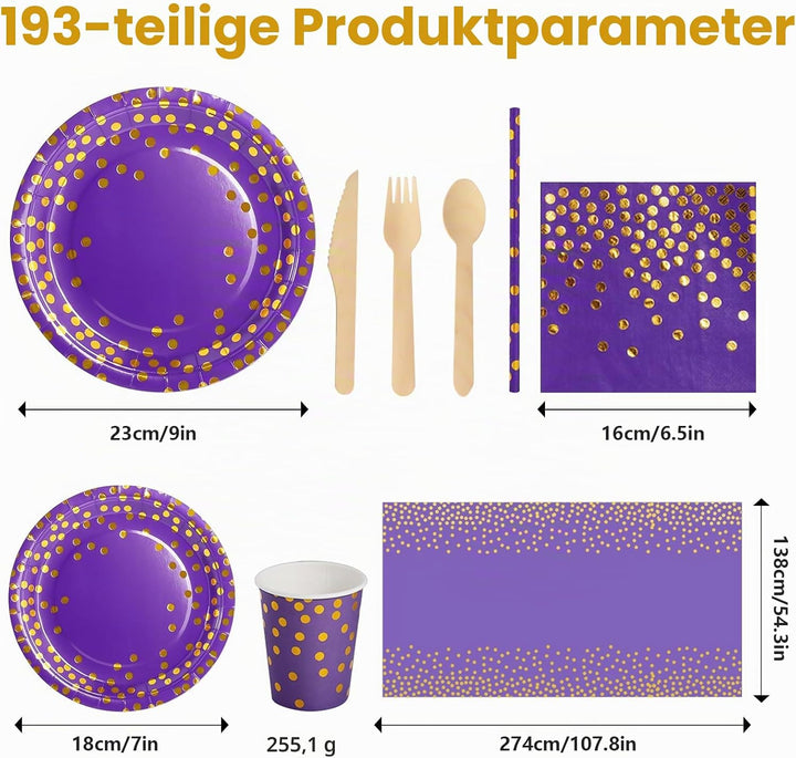 Nkaiso 141 Stück Lilagold Partygeschirr, Pappteller Kindergeburtstag Set, Geburtstag Party Geschirr