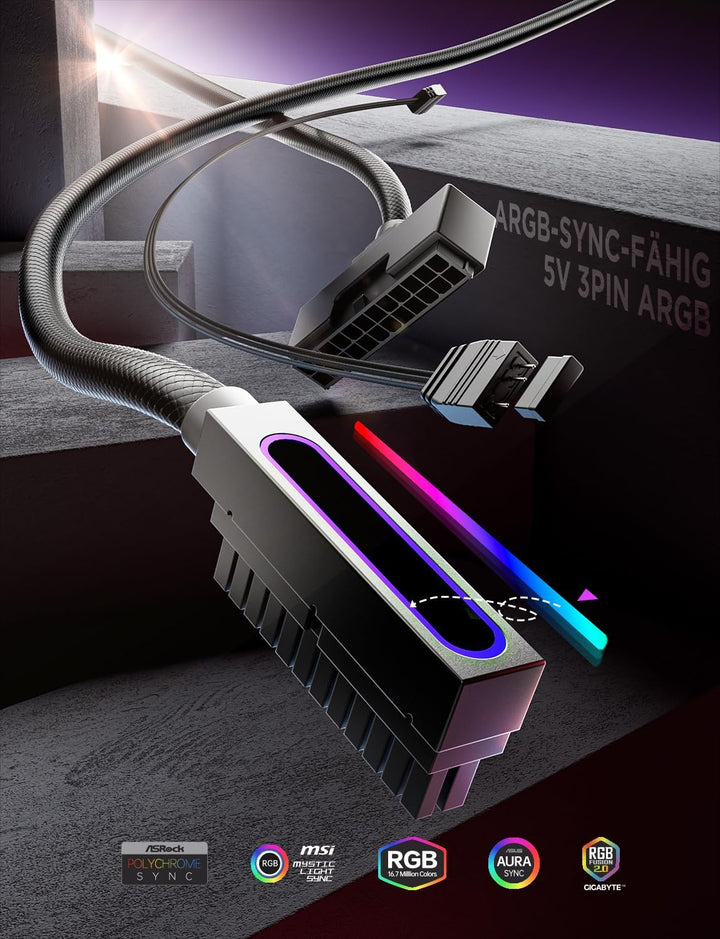 AsiaHorse Hydrus 24Pin PSU Kabelverlängerung L, PC 24 Pin Sleeved Cable für 24 Pin ATX [18AWG] Netzt