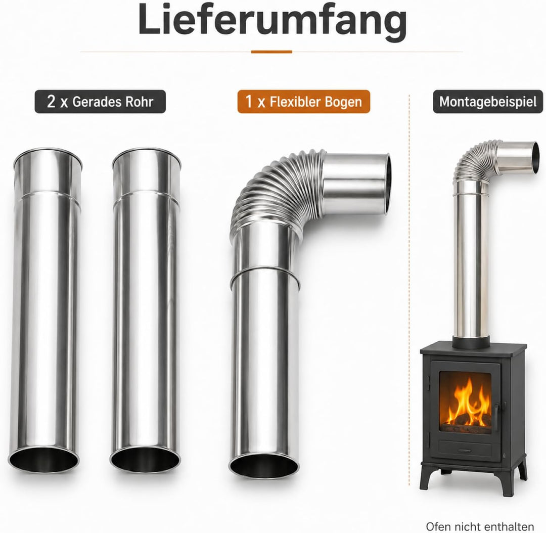 Zerodeko Edelstahl Schornstein Abgasrohr Satz 60mm Ø Verlängerung Kaminrohr mit 90° winkel für Zelto