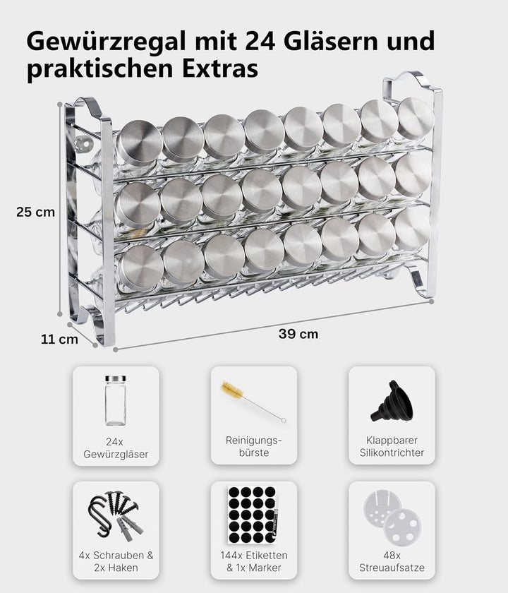 Deco haus® Gewürzregal mit Gläsern - Gewürzgläser mit Regal - Gewürzregal Wand, Gewürzständer mit 24