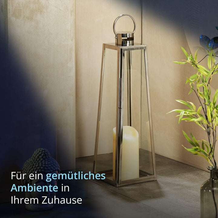 KHG Laterne 70 cm mit LED-Kerze in Silber aus Stahl/Glas, pyramidenförmig, praktischer Tragegriff Ke