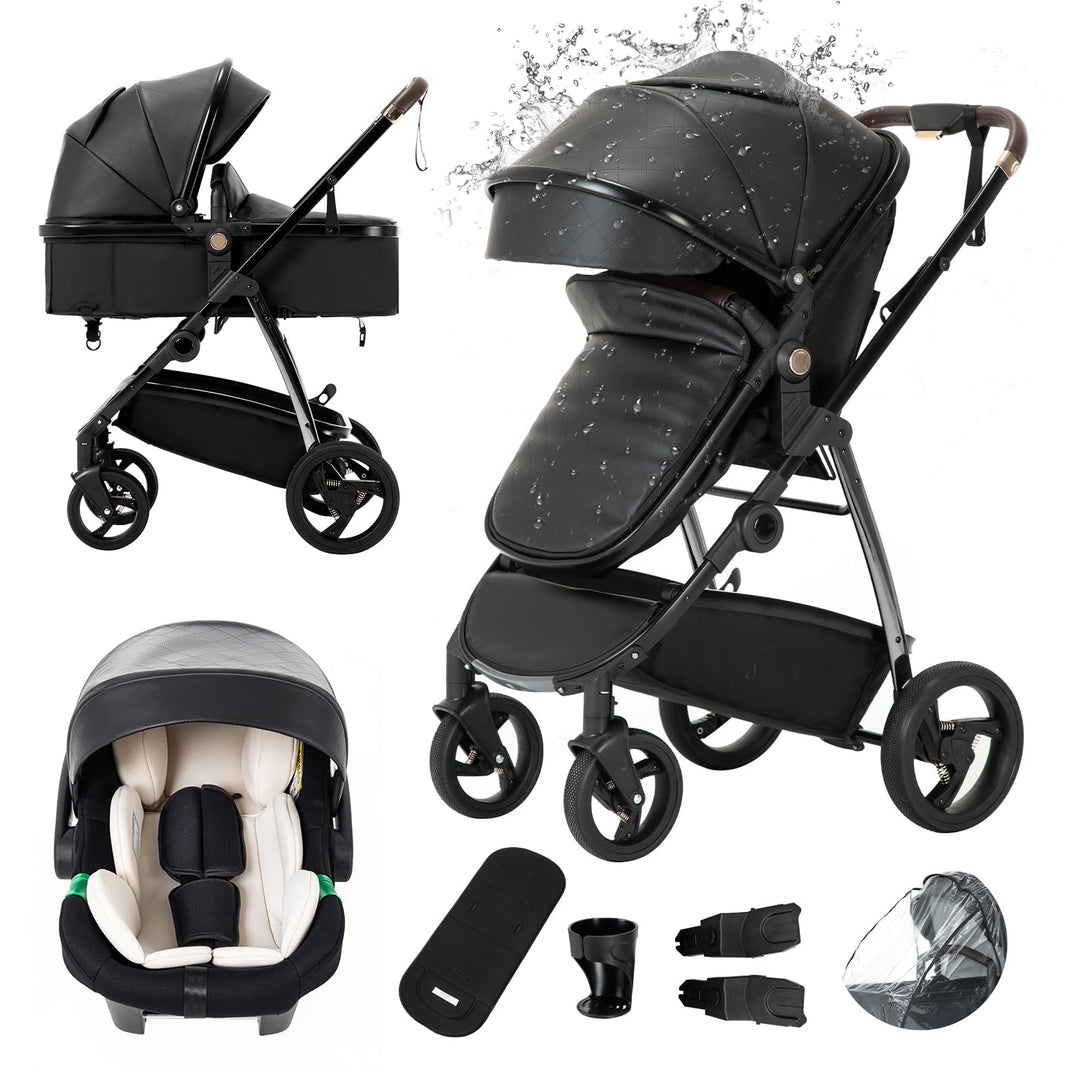 Gcarebb PU Leder 3 in 1 Kinderwagen, Buggy Mit Auto Babyschale, Mit Einem Klick Zusammenklappbarer T