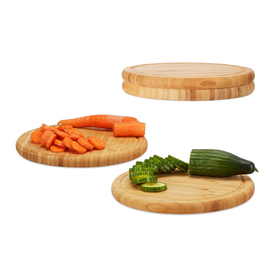 Relaxdays Frühstücksbrettchen rund 4er Set, Bambus, 30 cm, Küchenbrett, pflegeleicht, natürlich, mes