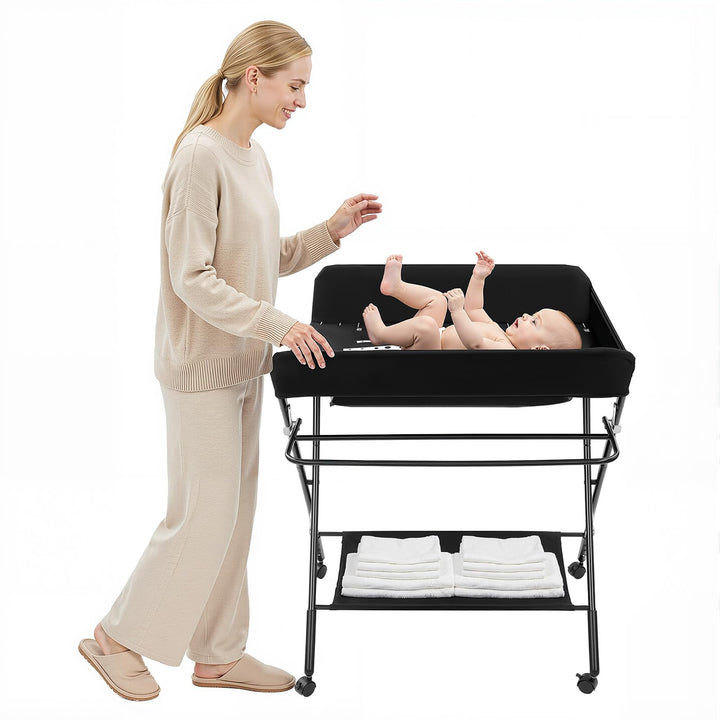Wickeltisch Klappbar mit Rollen, Baby Wickelkombi Wickelkommode mit Wickelauflage, Sicherheitsgurt &