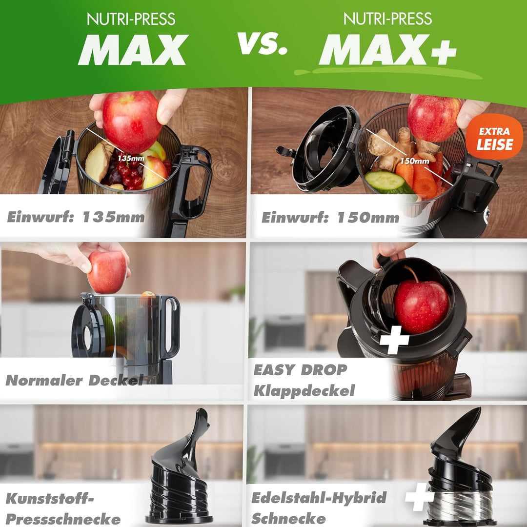 Nutrilovers Slow Juicer NUTRI-PRESS MAX+ Ganze Früchte entsaften Entsafter mit XXL 150 mm Öffnung, B
