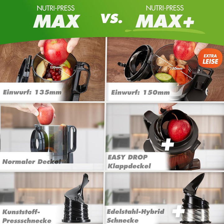 Nutrilovers Slow Juicer NUTRI-PRESS MAX+ Ganze Früchte entsaften Entsafter mit XXL 150 mm Öffnung, B