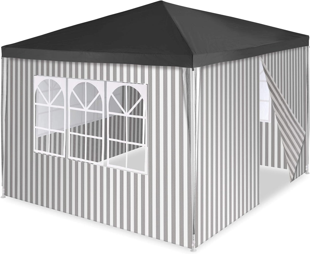 Pavillon 3x3 m in anthrazit weiss gestreift PE Plane 100g/m² + 4 Seitenteile 3 mit Fenster Partyzelt