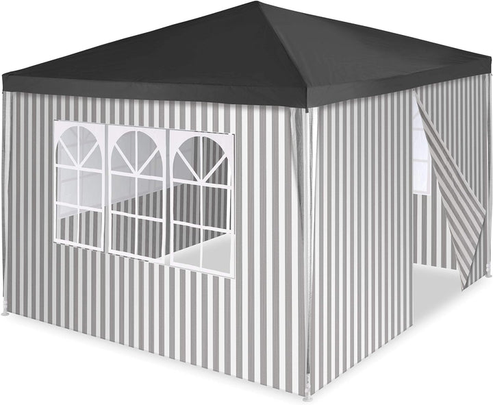 Pavillon 3x3 m in anthrazit weiss gestreift PE Plane 100g/m² + 4 Seitenteile 3 mit Fenster Partyzelt