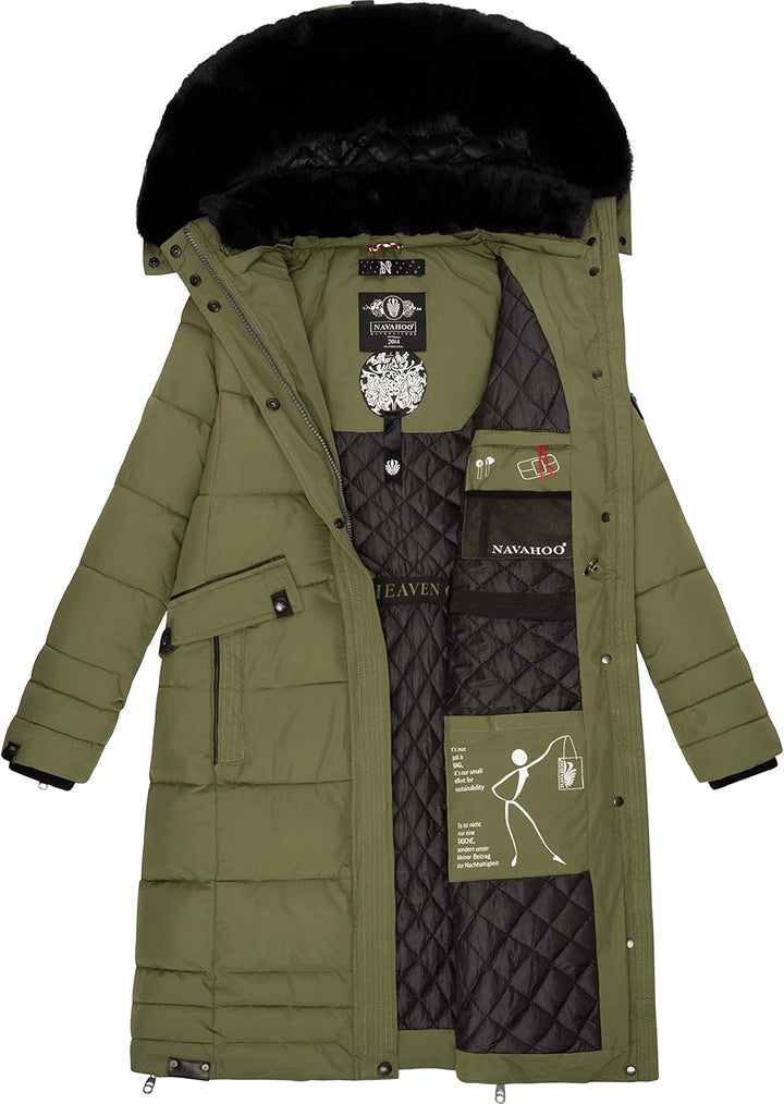 Navahoo Damen Wintermantel Warmer Steppmantel lang mit Abnehmbarer Kapuze Fahmiyaa XS-3XL XS Dusty O
