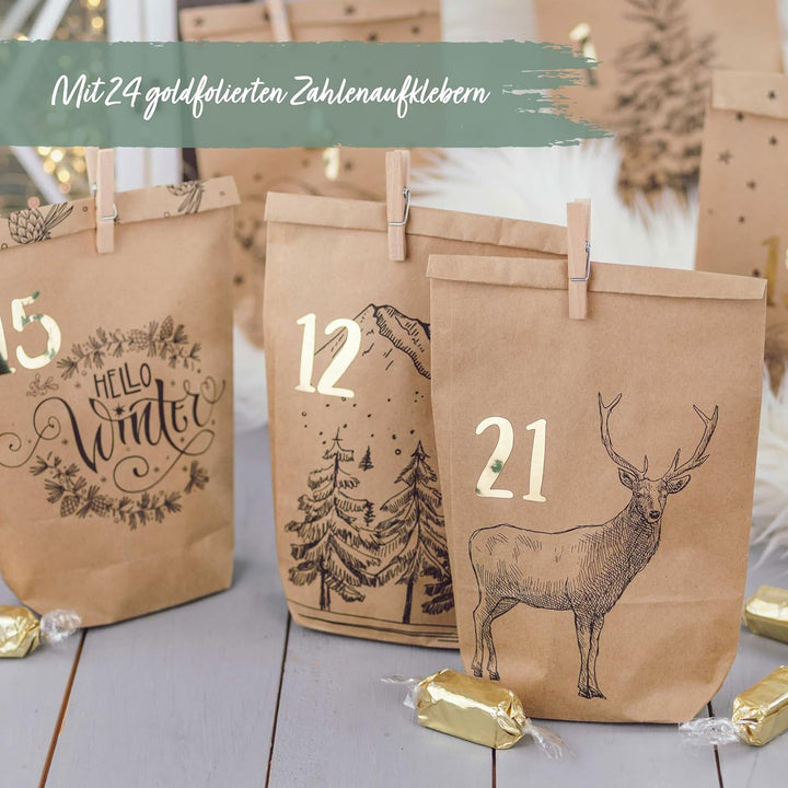 Papierdrachen Adventskalender 2025 zum Befüllen - 24 bedruckte Papiertüten mit Zahlenaufklebern & Kl