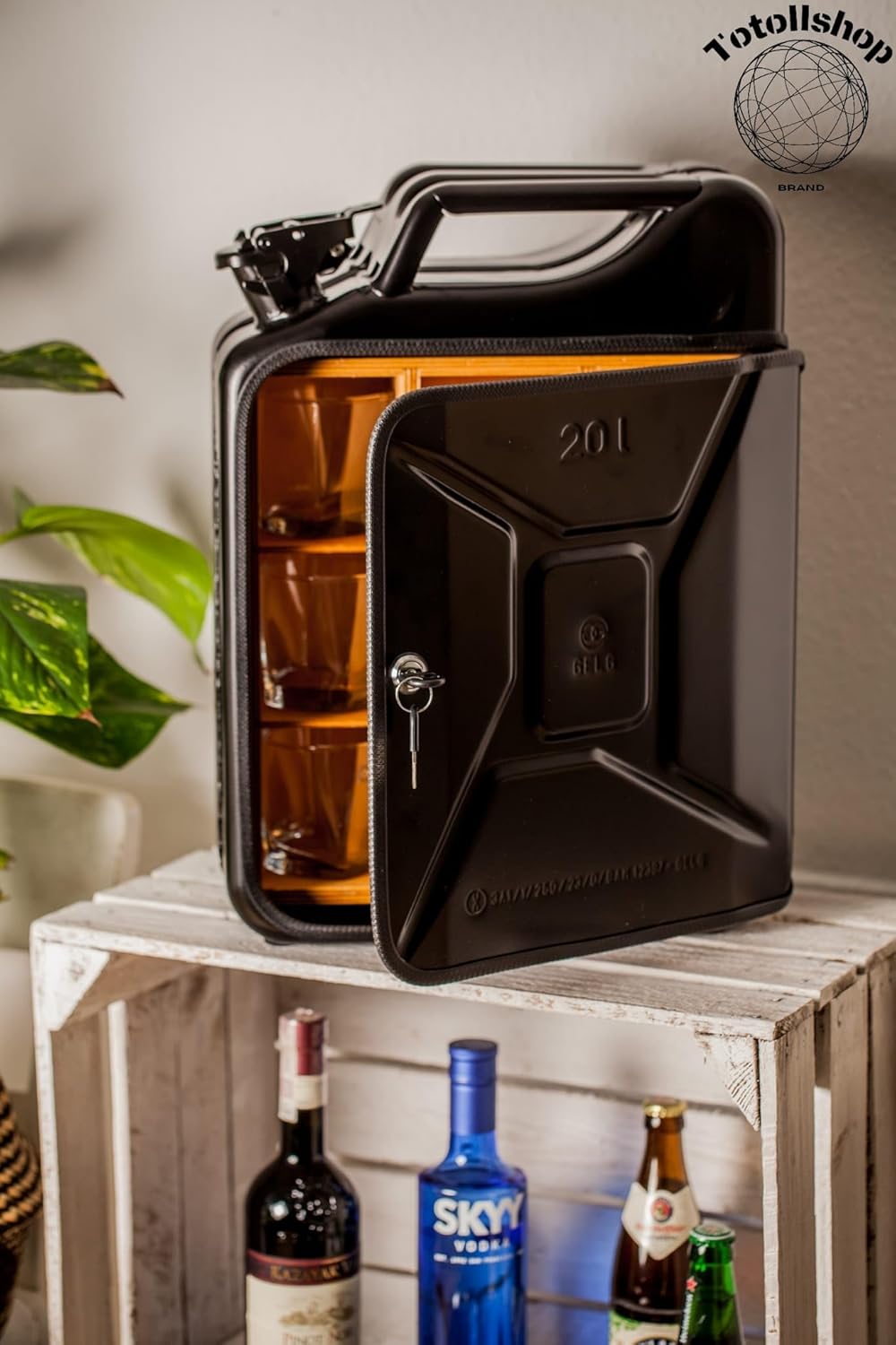 20L Kanister Bar inkl. 3 Whisky Gläser- Jerrycan 4 Herausnehmbaren Fächern schwarzer Metall Mobile B