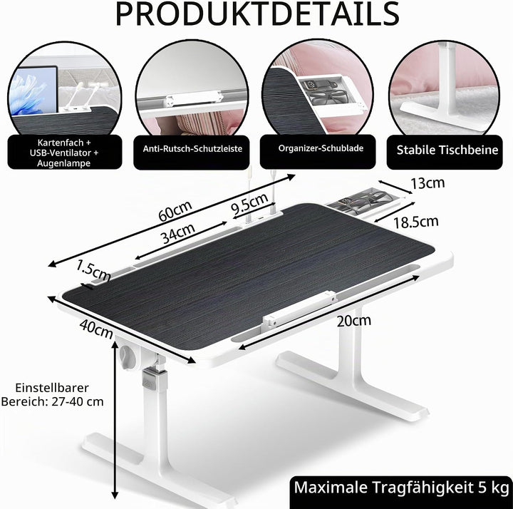 Soontrans Laptoptisch 60 x 40 cm, Laptop Tisch mit Schublade, Höhenverstellbar, 4 Winkelverstellbar,