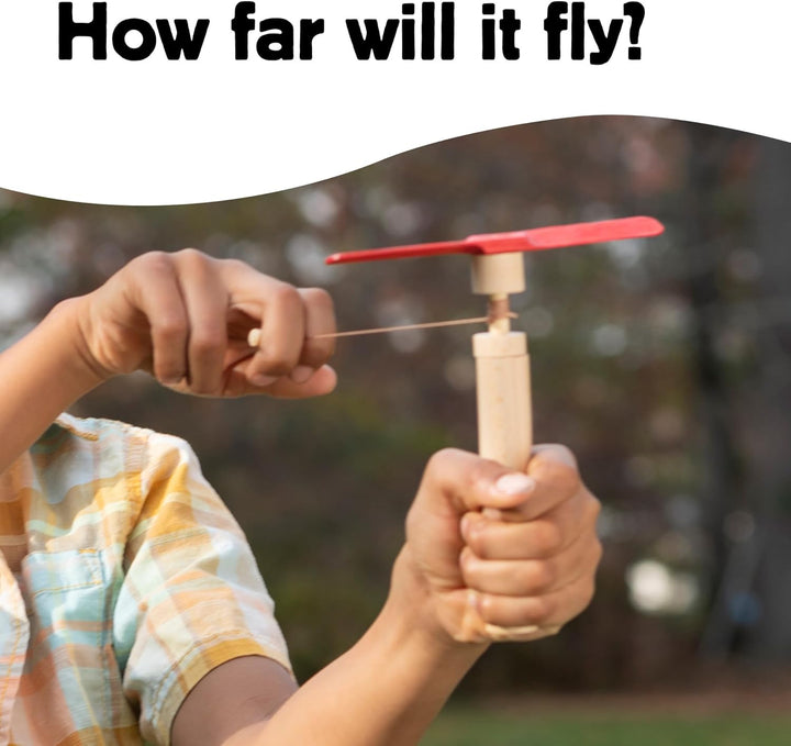 Kikkerland Huckleberry Pull Helicopter – Beechwood Flying Toy with Launcher for Outdoor Play