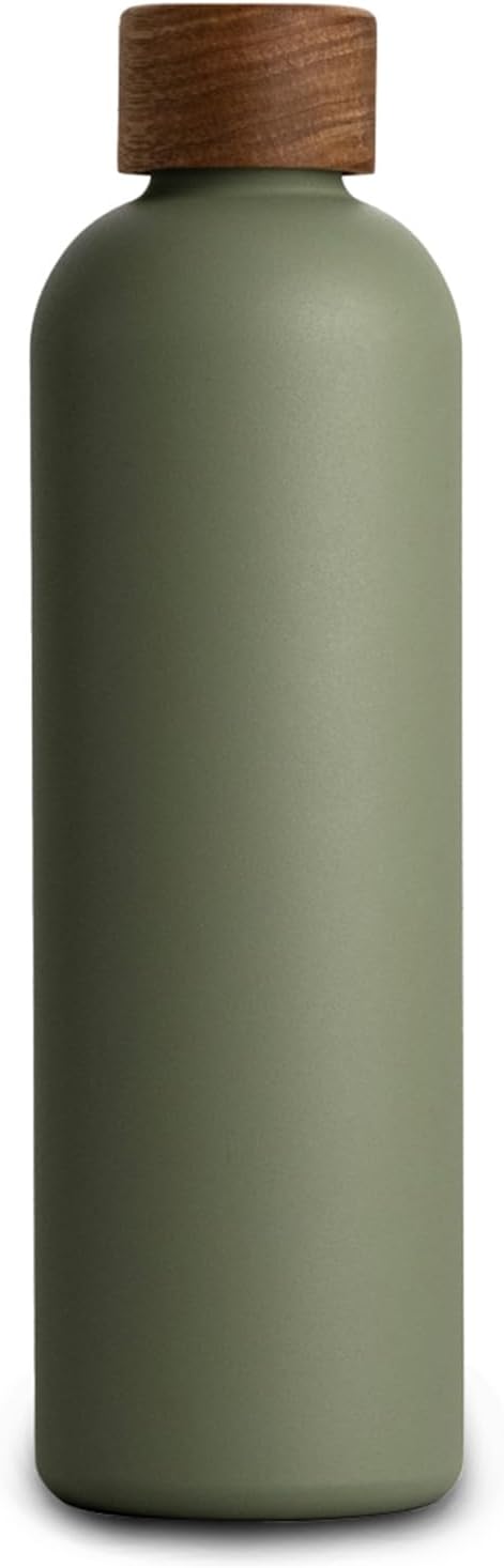 T&N Edelstahl Trinkflasche 1 Liter, Thermosflasche 1l mit Akazienholz Deckel, Isolierte Wasserflasch