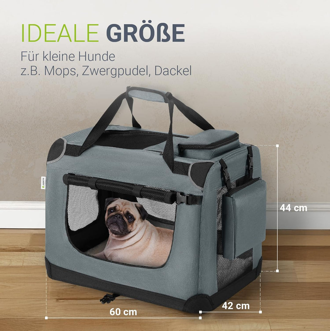 Juskys Hundetransportbox Lassie M (grau) faltbar - 42 x 60 x 44 cm - Hundebox mit Decke, Tasche & Gr