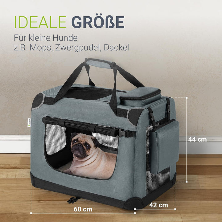 Juskys Hundetransportbox Lassie M (grau) faltbar - 42 x 60 x 44 cm - Hundebox mit Decke, Tasche & Gr