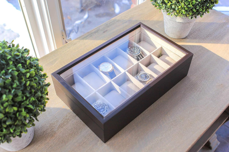 CASE ELEGANCE Uhrenbox aus Massiv Holz - Farbe Espresso - mit Glas-Vitrine für 12 Uhren, Espresso