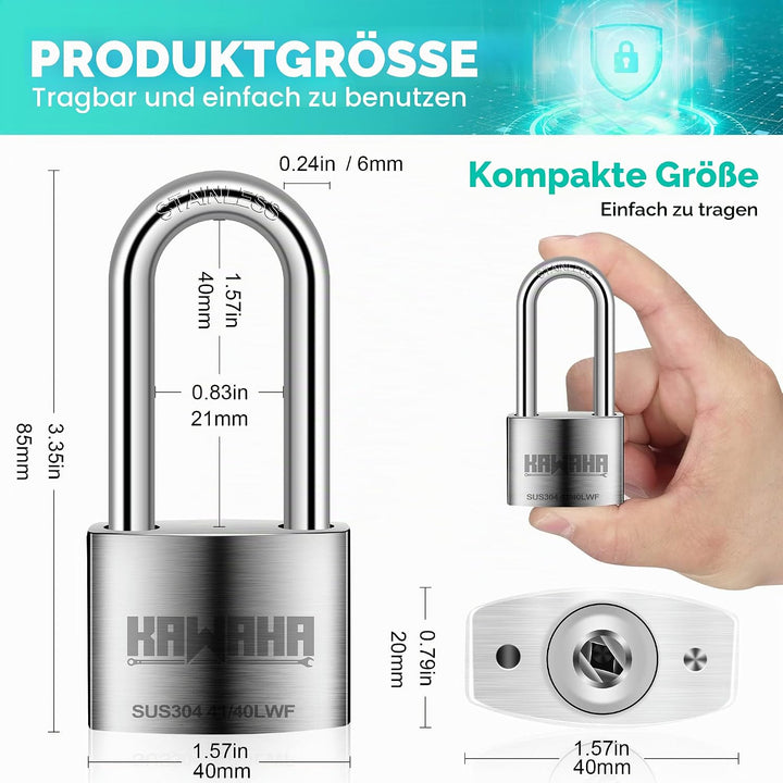 41/40L-2PS 40 mm langer Bügel, Hochsicherheits-Edelstahl-Vorhängeschloss mit Edelstahlschlüssel für