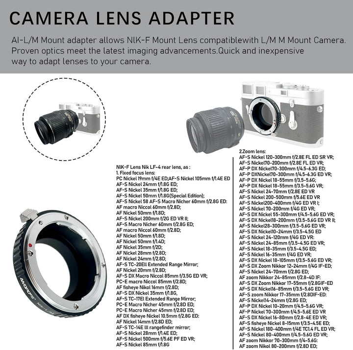 AI-LM Objektivadapter Adapterring,für Nikon AI F MountObjektiv Kompatibel auf für Leica M1,M2,M3,M4,