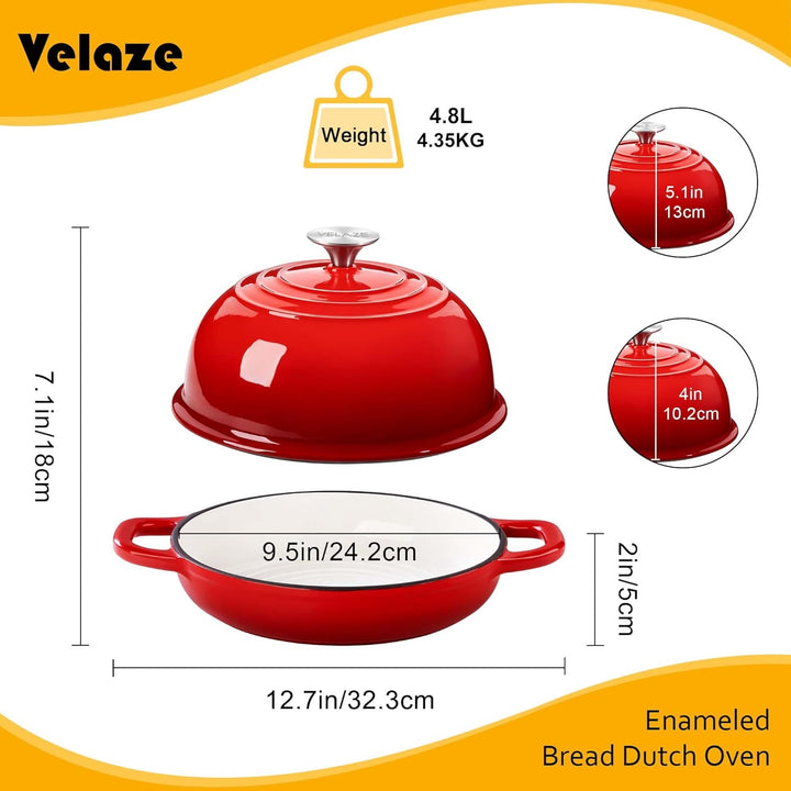 Velaze Emaille Schmortopf mit Deckel und Griffen, 4,8L Gusseisen Topf Brot Backen, 26 cm Brotbacktop