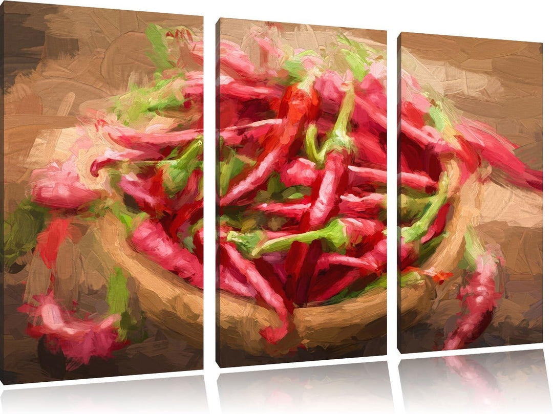 Pixxprint Scharfe Chilishoten Pinsel Effekt 3-Teiler Leinwandbild 120x80 Bild auf Leinwand