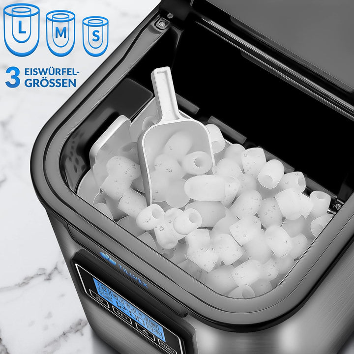 tillvex Eiswürfelmaschine Edelstahl 12 kg - 24 h | Eiswürfelbereiter mit Timer und 2,2 Liter Wassert