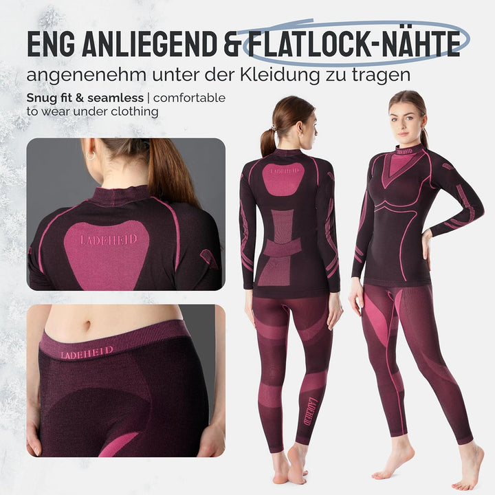 Ladeheid Thermounterwäsche Damen Set Langarm Shirt Lange Unterhose Thermoaktiv LAGI006 L Schwarz/Ros