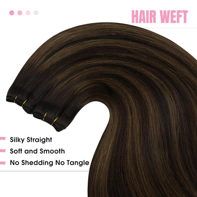 YoungSee Tressen Extensions Echthaar Ombre Echthaar Tressen zum Einnahen Braun Balayage Weft Extensi