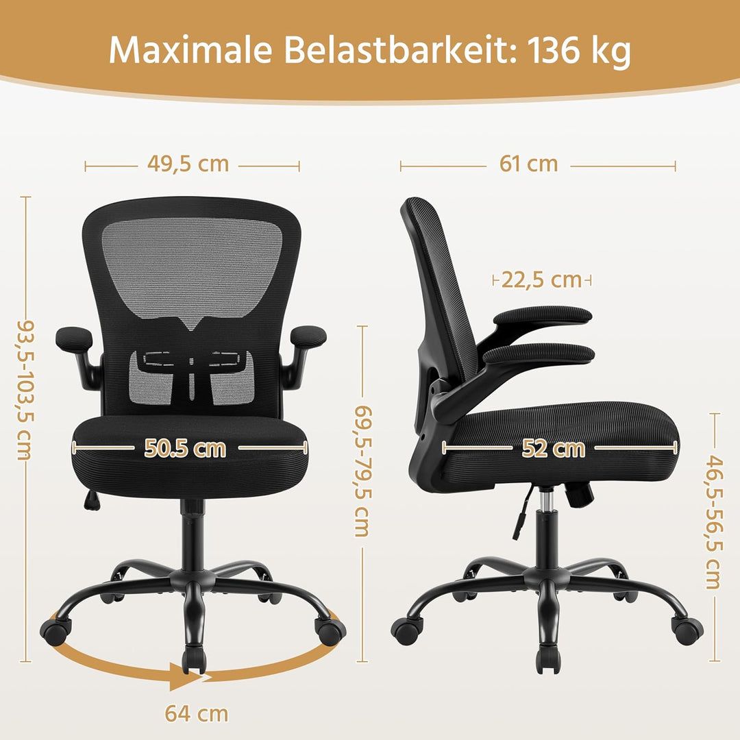 Yaheetech Bürostuhl mit hochklappbaren Armlehnen, Schreibtischstuhl mit erstellbaren Lendenwirbelstü