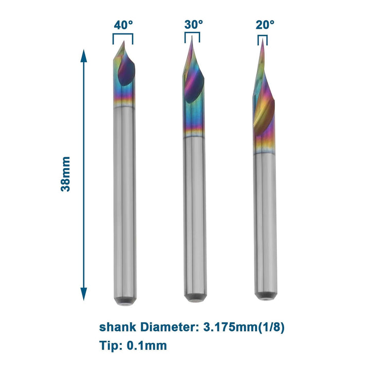 The Lord of the Tools 3 Stück 1/8 Zoll Schaft V-Nut CNC-Fräser Schaftfräser 20/30/60 Grad 0,1 Mm 2-s